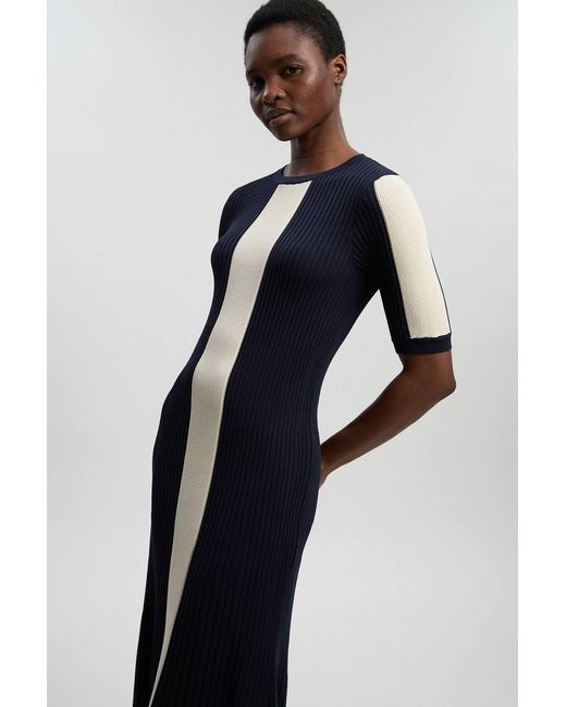 Karen Millen Blue Colour Block Rib Knitted Maxi Dress
