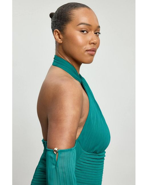 Karen Millen Green Plus Size Crinkle Cold Shoulder Georgette Woven Maxi Dress