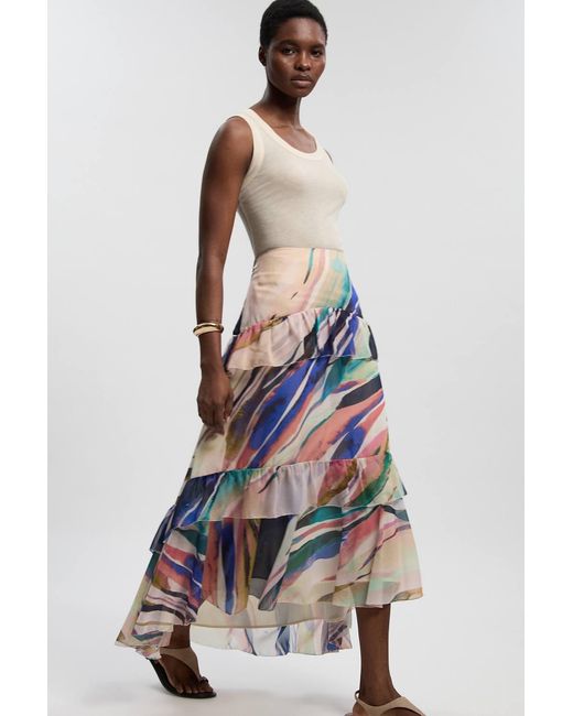 Karen Millen White Marble Print Crinkle Chiffon Woven Maxi Skirt
