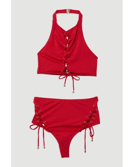 Karen Millen Red Slinky Tie Detail Bikini Top