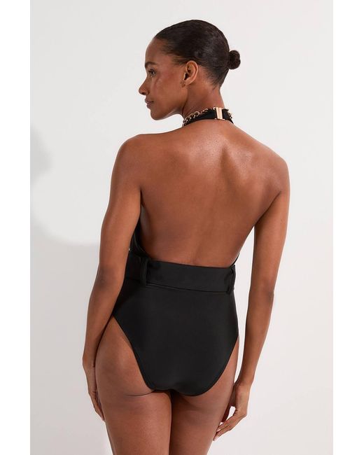 Karen Millen Black Hardware Detail Belted Plunge Swimsuit