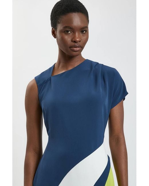 Karen Millen Blue Petite Soft Tailored Colour Block High Neck Pleated Midi Dress