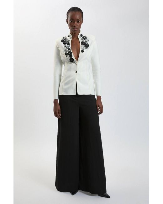 Karen Millen White Embellished Figure Form Fitted Blazer Jacket