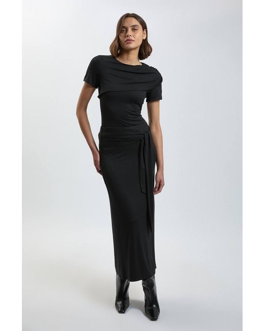Karen Millen Black Viscose Jersey Tie Waist Midi Skirt