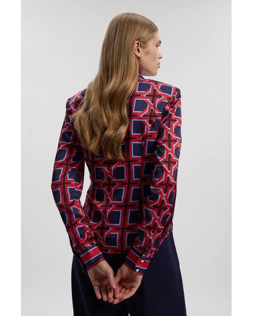 Karen Millen Geo Print Hammered Satin Tie Waist Woven Shirt