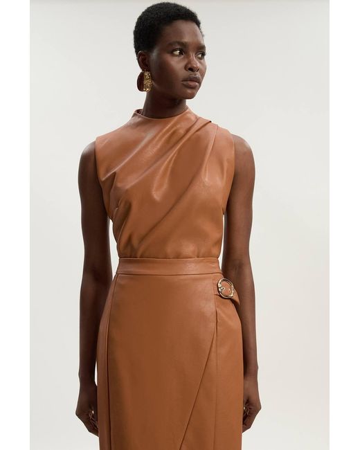 Karen Millen Brown Faux Leather Drape Sleeveless Top