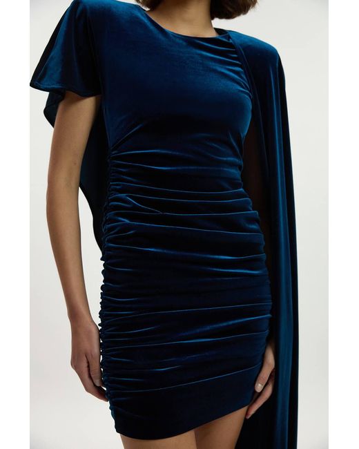 Karen Millen Blue Stretch Velvet Jersey Cape Shoulder Mini Dress
