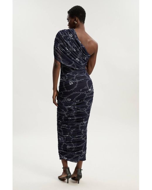 Karen Millen Blue Chain Print Mesh One Shoulder Midi Dress