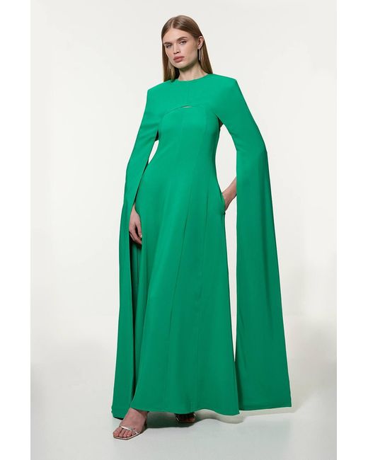 Karen Millen Green Premium Bonded Viscose Crepe Detachable Cape Woven Maxi Dress