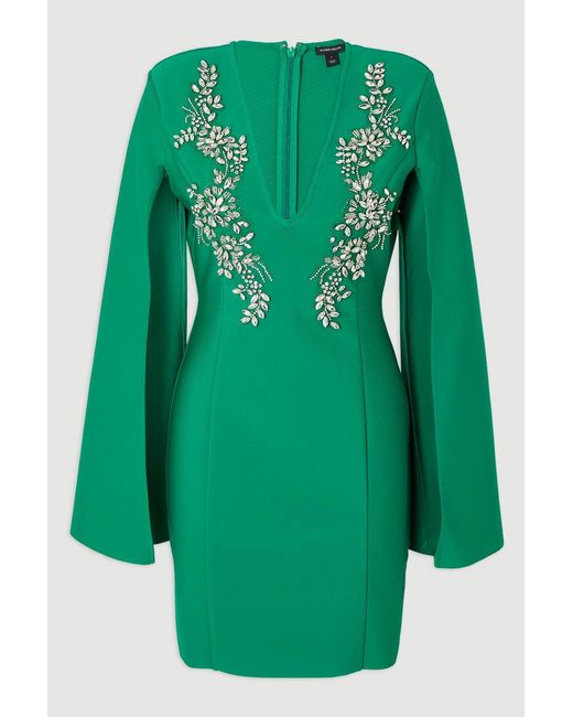 Karen Millen Green Bandage Form Fitting Cape Sleeve Embellished Mini Dress