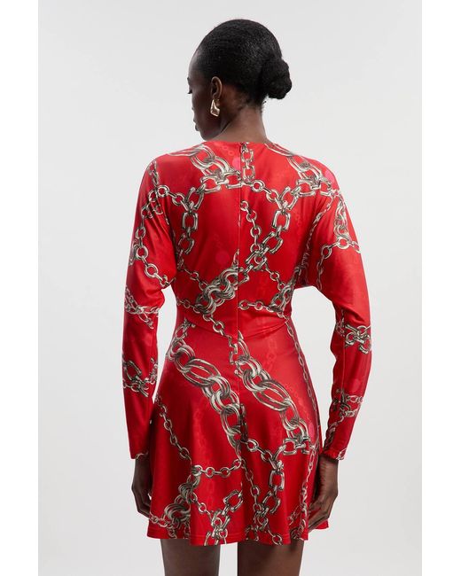 Karen Millen Red Chain Print Crepe Mini Dress