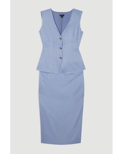 Karen Millen Blue Premium Viscose Linen Tailored Ruffle Pencil Midi Dress