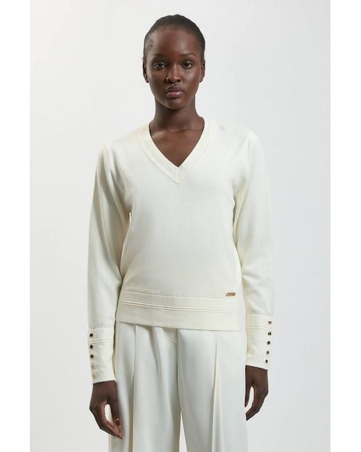 Karen Millen White Forever Viscose Blend Knitted Stitch Detail V Neck Long Sleeve Jumper