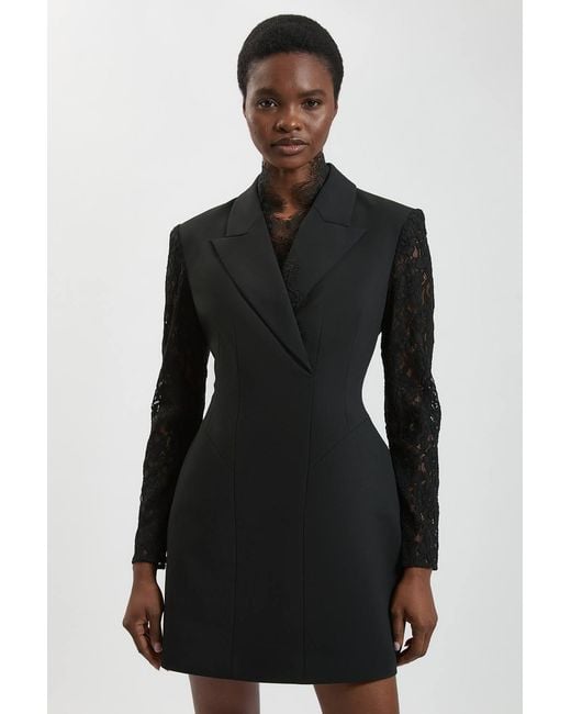 Karen Millen Black Compact Stretch Lace Sleeve Blazer Mini Dress
