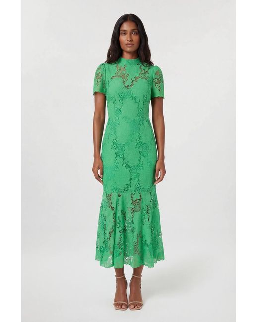 Karen Millen Green Lace High Neck Woven Midi Dress