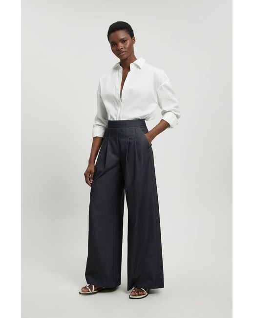 Karen Millen Blue Tailored Denim Wide Leg Pleat Detail Trouser