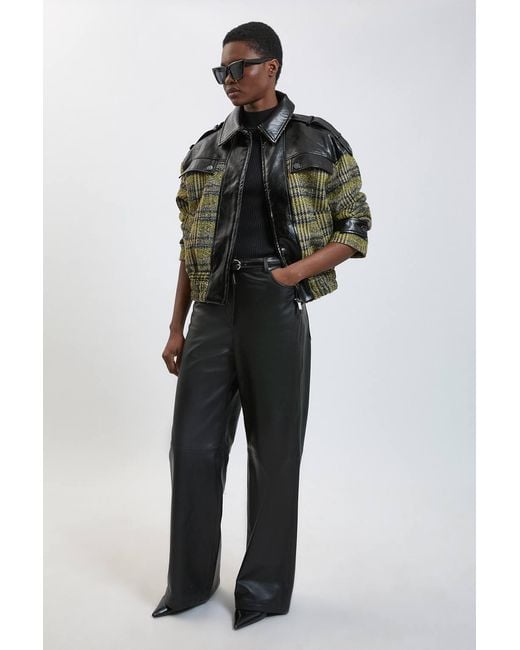 Karen Millen Black Wool Tweed And Faux Leather Mix Short Coat