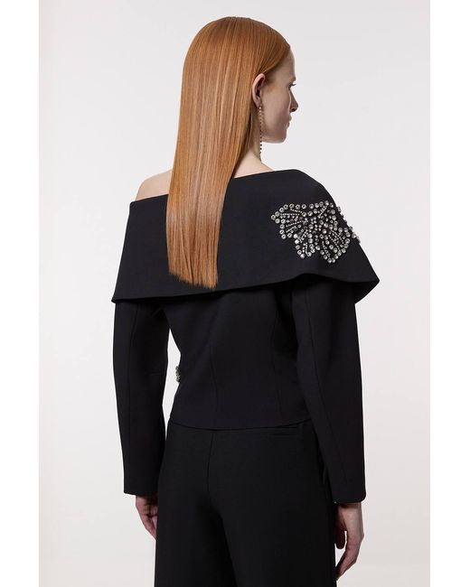 Karen Millen Black Placed Floral Crystal Embellished Tailored Asymmetric Jacket