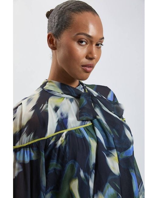 Karen Millen Blue Plus Size Viscose Floral Print Woven Tie Neck Blouse