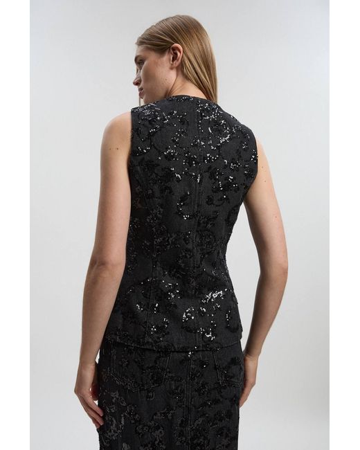 Karen Millen Black Sequin Denim Waistcoat