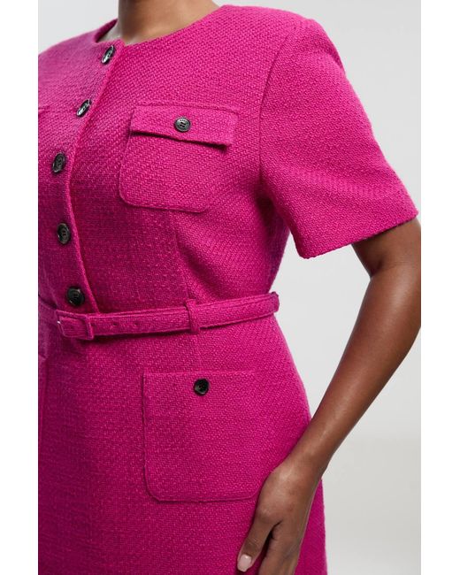 Karen Millen Pink Plus Size Textured Tweed Belted Tailored Mini Dress