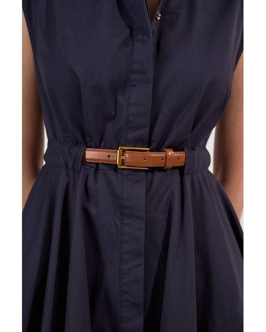 Karen Millen Blue Tailored Cotton Belted Collared Full Midi Dress