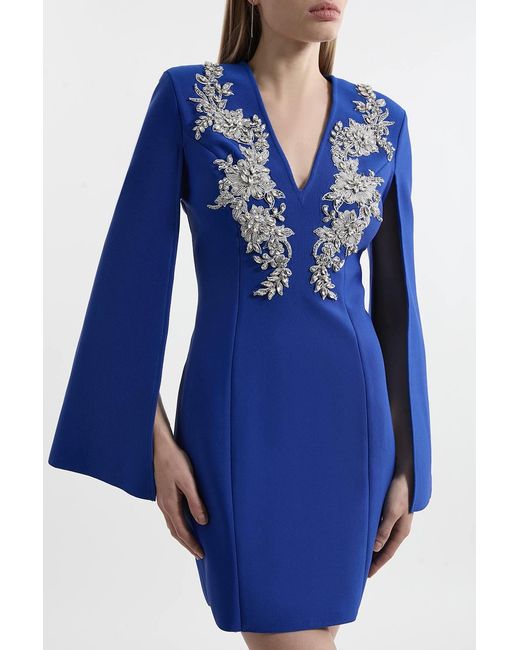 Karen Millen Blue Bandage Form Fitting Cape Sleeve Embellished Mini Dress