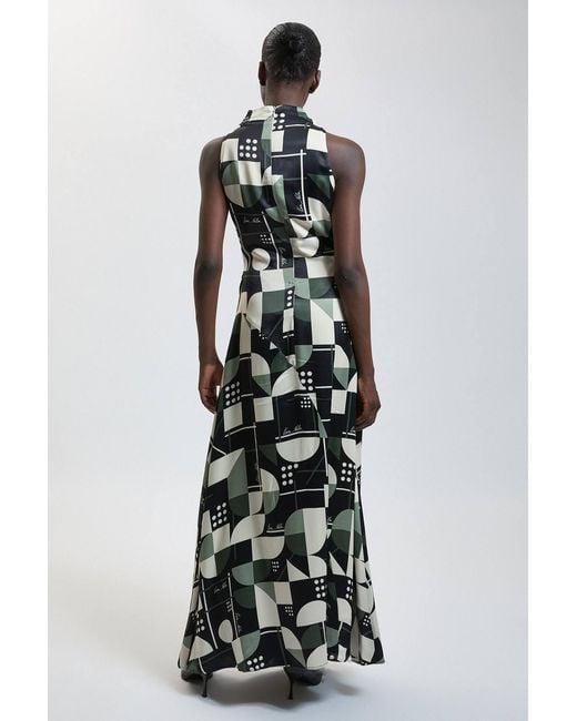 Karen Millen White Satin Viscose Printed Drape Cowl Neck Maxi Dress