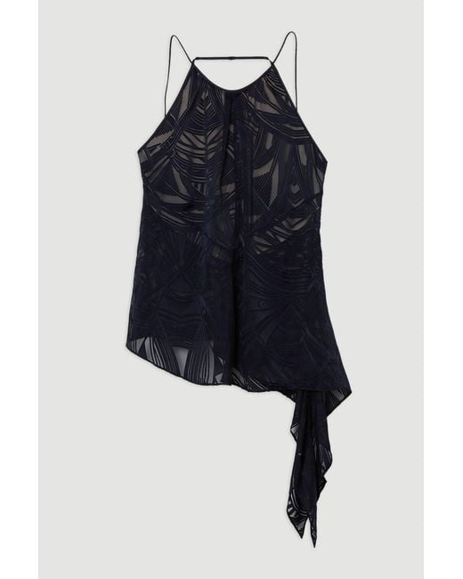 Karen Millen Blue Amelia Graham Burnout Halter Neck Asymmetric Tunic Top