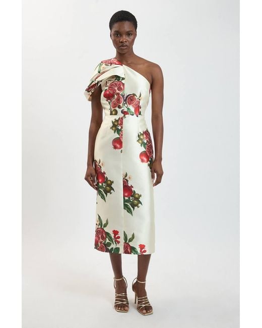 Karen Millen White Fruit Print One Shoulder Twill Midi Dress