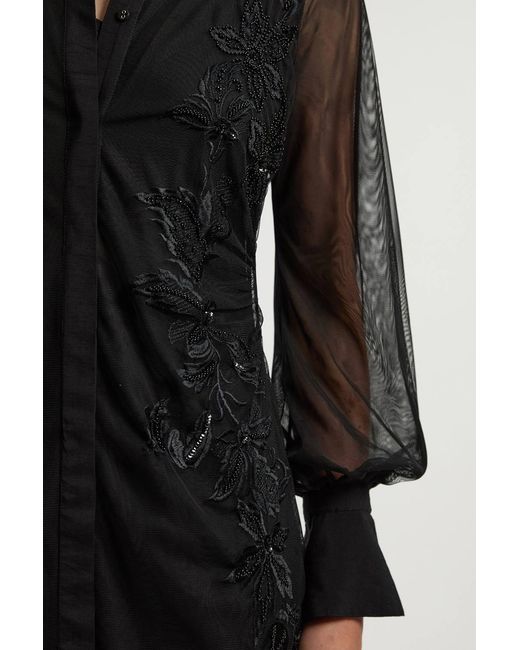 Karen Millen Black Archive Mesh Embellished Embroidered Sheer Shirt Dress