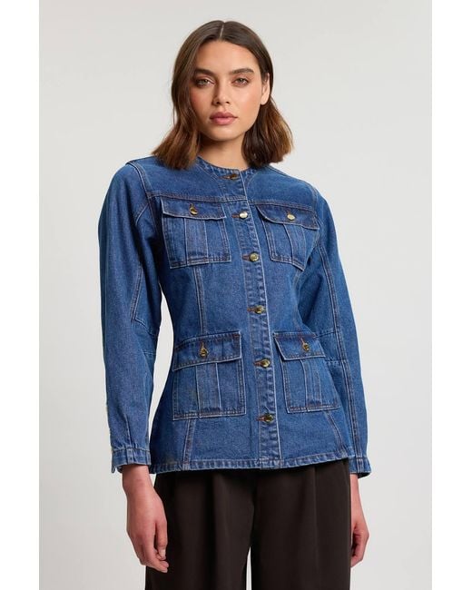 Karen Millen Blue Denim Button Though Rounded Sleeve Jacket