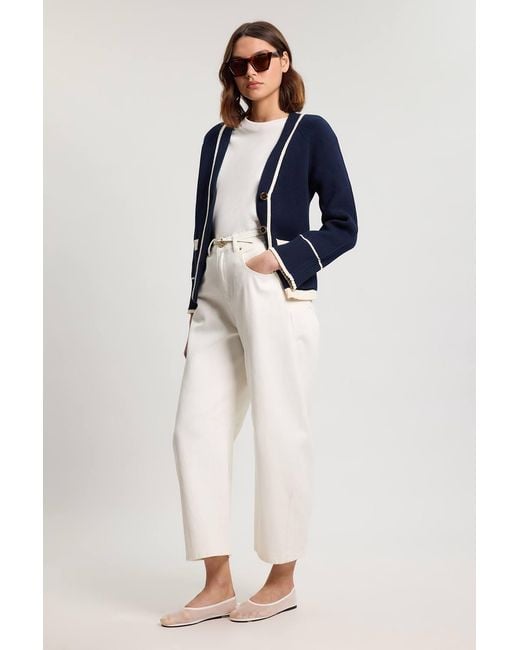 Karen Millen Blue Knit Cotton Contrast Tipped Cardigan Sweater