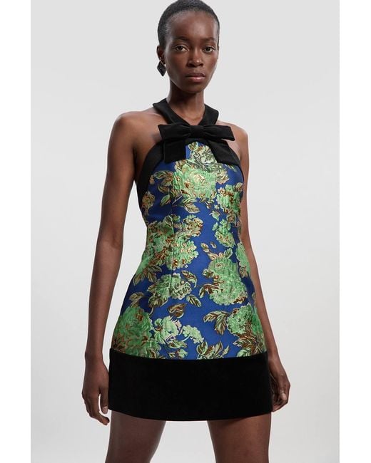 Karen Millen Green Velvet And Jacquard Contrast Halterneck Tailored Mini Dress