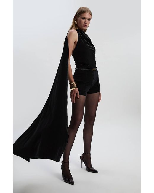 Karen Millen Black Stretch Velvet High Neck Cape Shoulder Bodysuit