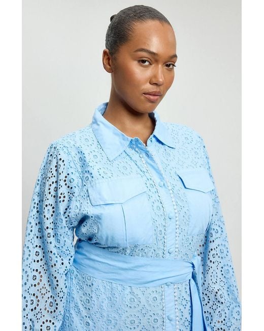 Karen Millen Blue Plus Size Cotton Broderie Belted Shirt Dress