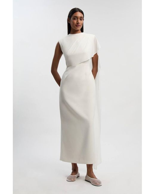 Karen Millen White Polished Tailored Cape Drape Maxi Column Dress