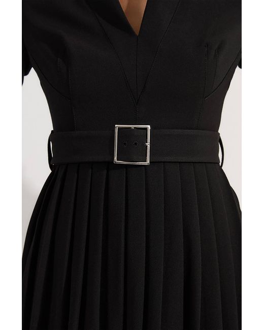 Karen Millen Black Petite Tailored Structured Crepe Forever Pleat Belted Midi Dress