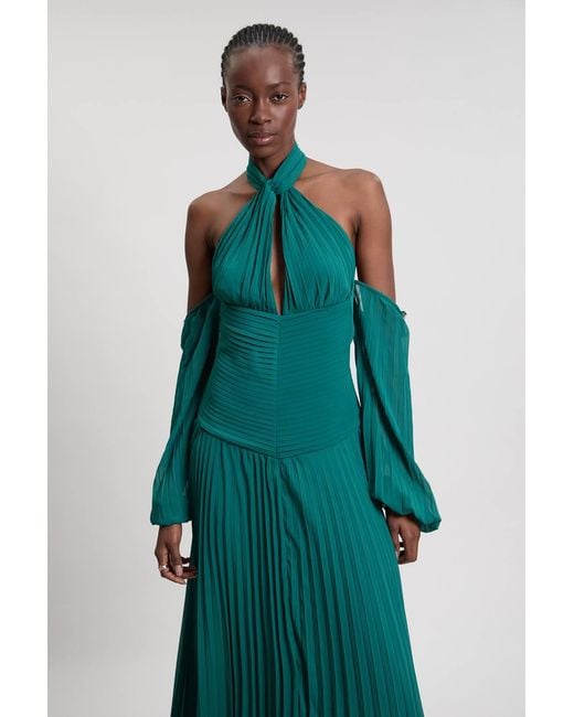 Karen Millen Green Crinkle Cold Shoulder Georgette Woven Maxi Dress