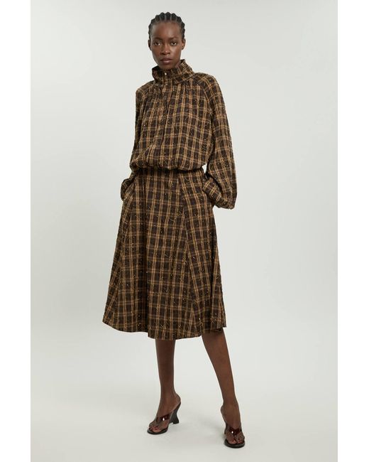 Karen Millen Brown Beaded Check Print Bubble Hem High Neck Jacket