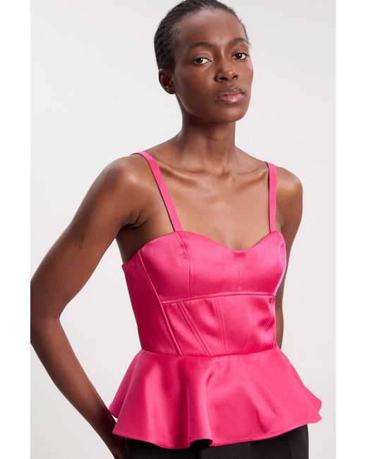 Karen Millen Pink Bonded Satin Peplum Detail Woven Top