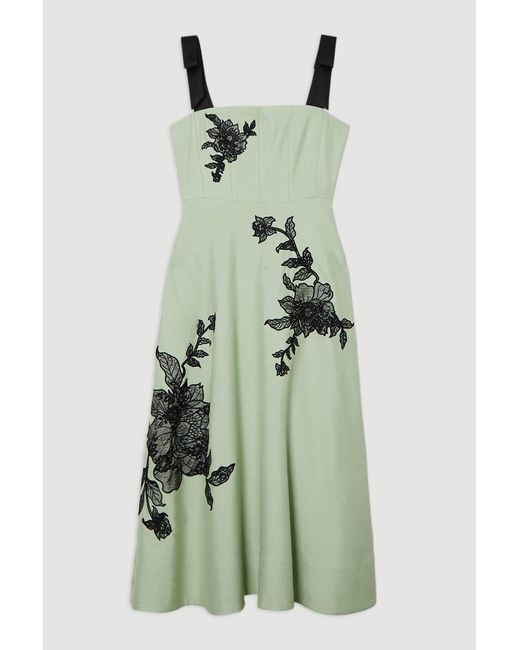 Karen Millen Green Viscose Linen Placed Floral Lace Embroidered Strappy Midi Dress