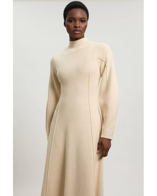 Karen Millen Natural Wool Look Rounded Sleeve High Neck Knit Midi Dress