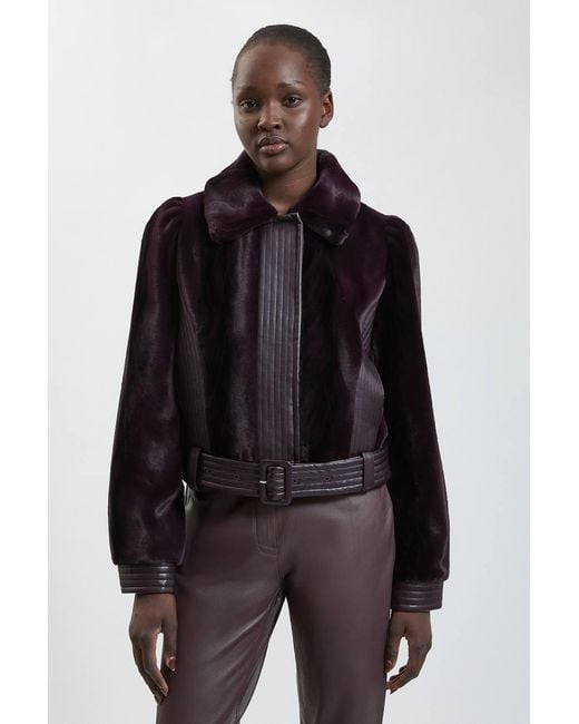Karen Millen Black Faux Fur Pu Panelled Belted Cropped Jacket