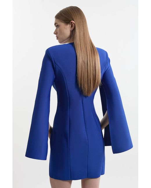 Karen Millen Blue Bandage Form Fitting Cape Sleeve Embellished Mini Dress