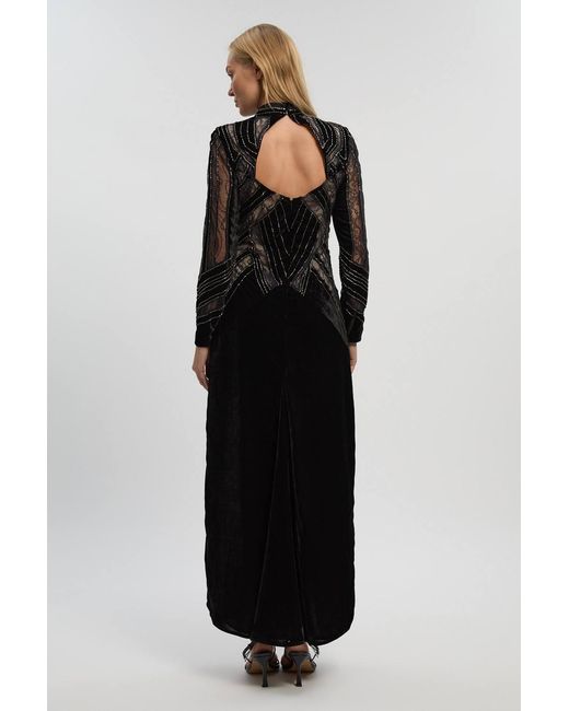 Karen Millen Black Velvet Embellished Long Sleeve Maxi Dress