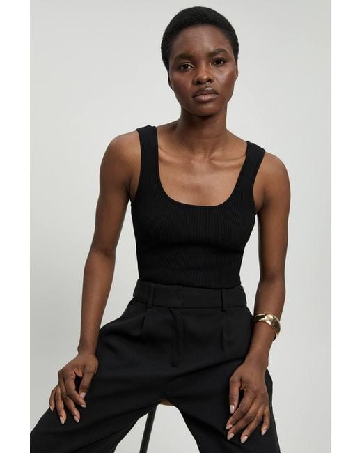 Karen Millen Black Viscose Blend Rib Knit Square Neck Vest