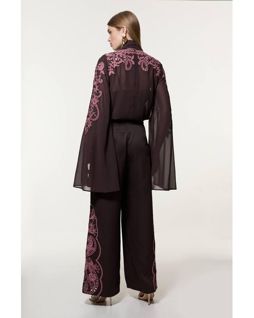 Karen Millen Brown Tall Cutwork Beaded Twill Wide Leg Woven Trouser
