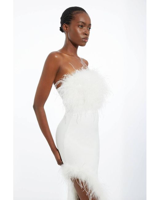 Karen Millen White Figure Form Bandage Feather Detail Bandeau Knit Midi Dress