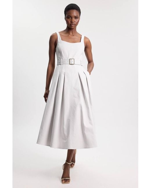 Karen Millen White Premium Cotton Tailored Fabric Belted Buckle Midi Dress